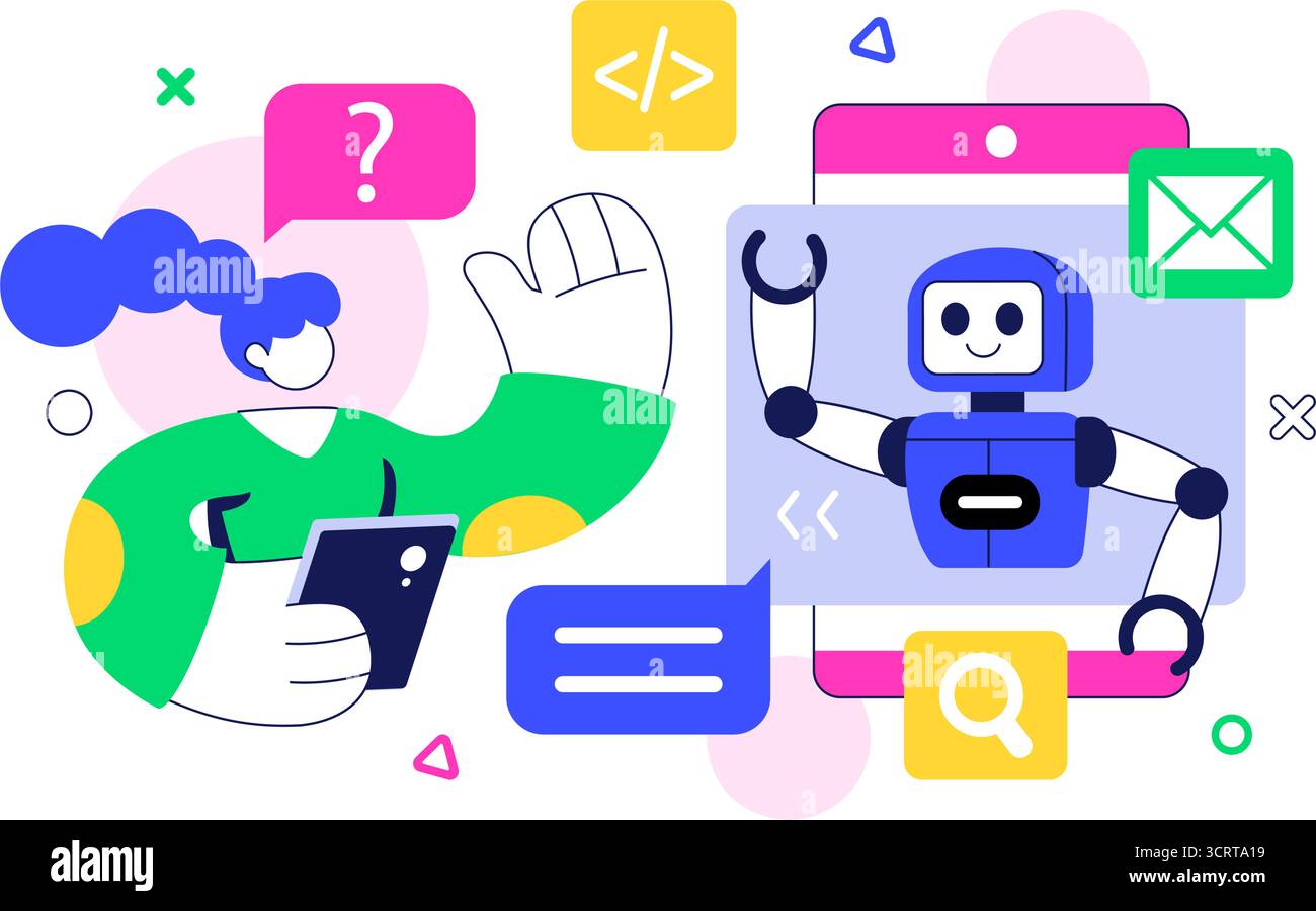 Illustrazione del servizio Chatbot di intelligenza artificiale con intelligenza artificiale e Intelligent Assistant robot per la tecnologia di comunicazione e il concetto di supporto Illustrazione Vettoriale