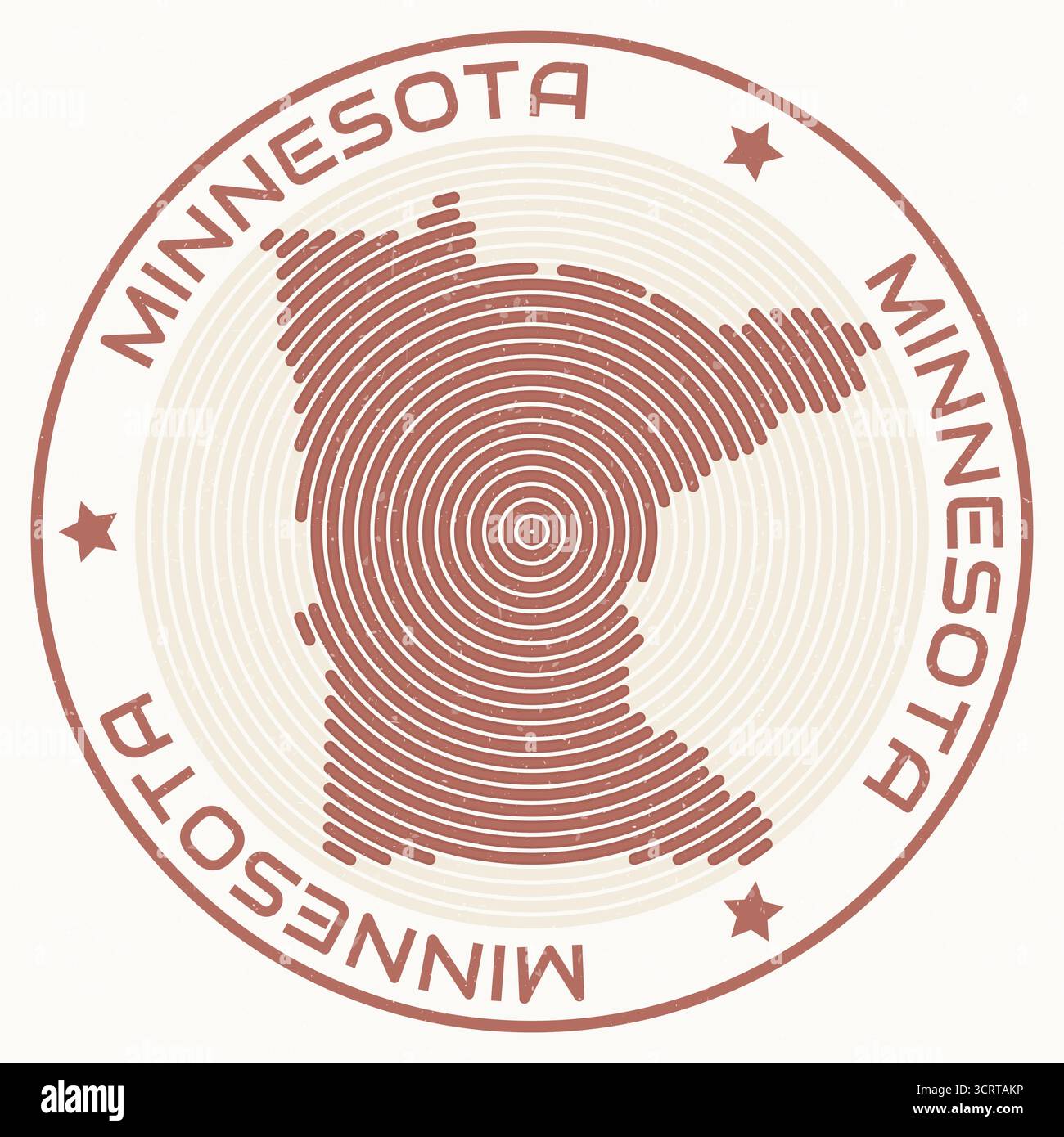 Mappa del Minnesota con un titolo rotondo. Anelli sagomati. Testo del Minnesota intorno alla forma del confine dello stato. Illustrazione vettoriale artistica. Illustrazione Vettoriale