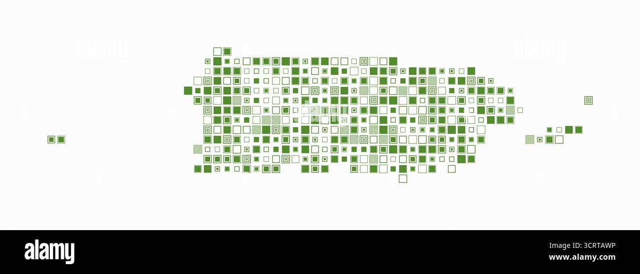 Porto Rico, forma del paese costruito con celle colorate. Mappa digitale di Porto Rico su sfondo bianco. Blocchi quadrati di piccole dimensioni. Illustrazione Vettoriale