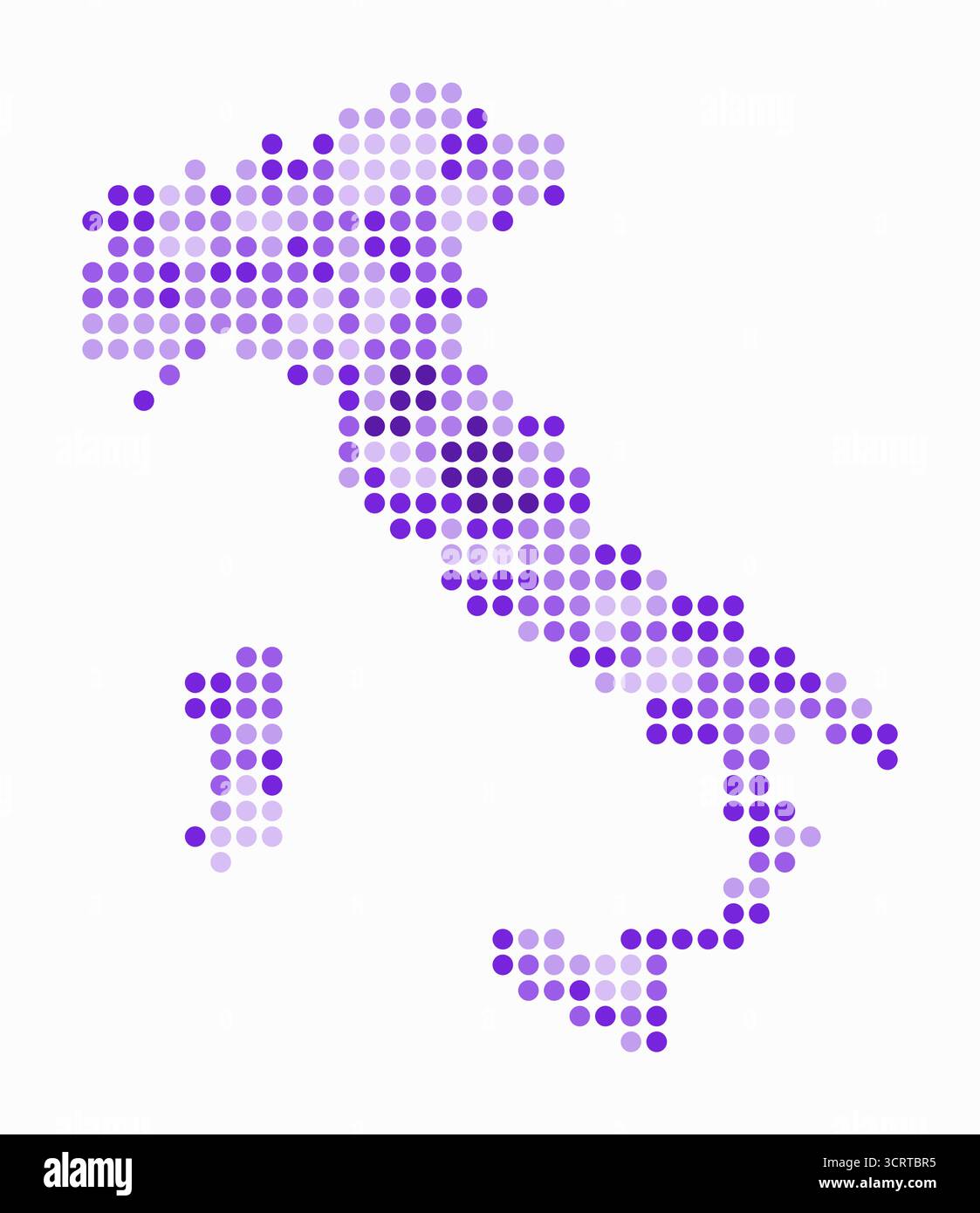Mappa tratteggiata dell'Italia. Mappa digitale del paese su sfondo bianco. Forma italiana con punti circolari. Stile puntini colorati. Cerchi di grandi dimensioni. Illustrazione Vettoriale
