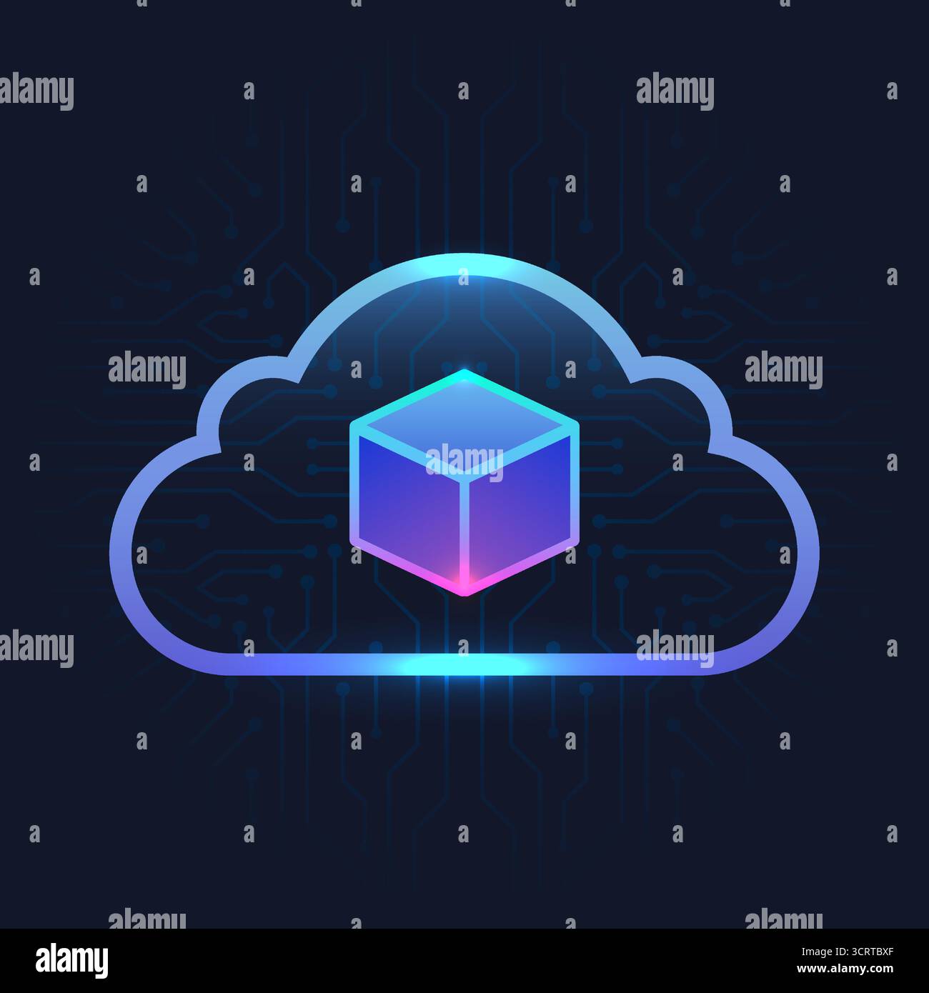 cubo luminoso memorizzato nell'icona cloud su uno sfondo di una scheda a circuito stampato che simboleggia la tecnologia di archiviazione digitale la connessione internet e il futuristico sistema online Illustrazione Vettoriale