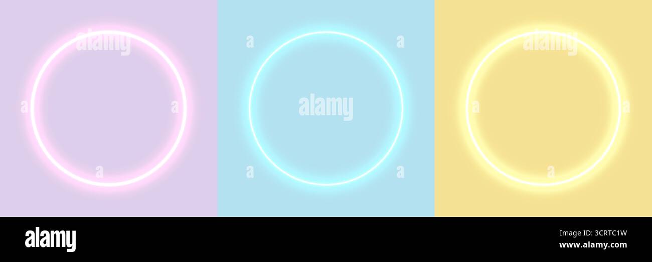 I cerchi pastello illuminati al neon creano uno sfondo moderno astratto con sfumature morbide e una luce brillante, perfetto per il design digitale, i temi tecnologici, Illustrazione Vettoriale