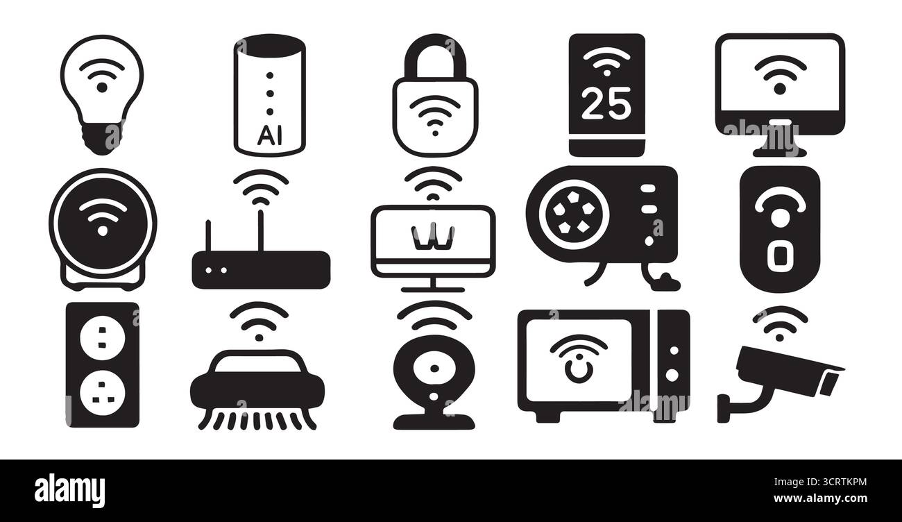 Icona del dispositivo IoT per la casa intelligente illustrazione vettoriale, simboli della tecnologia wireless moderna per intelligenza artificiale, automazione, sicurezza, rete, innovazione Illustrazione Vettoriale