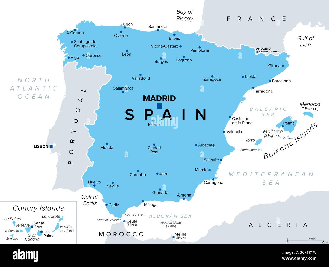 Spagna, mappa politica, con la capitale Madrid, le Isole Baleari, le Isole Canarie, e le città più grandi. Regno di Spagna, un paese in Europa. Foto Stock