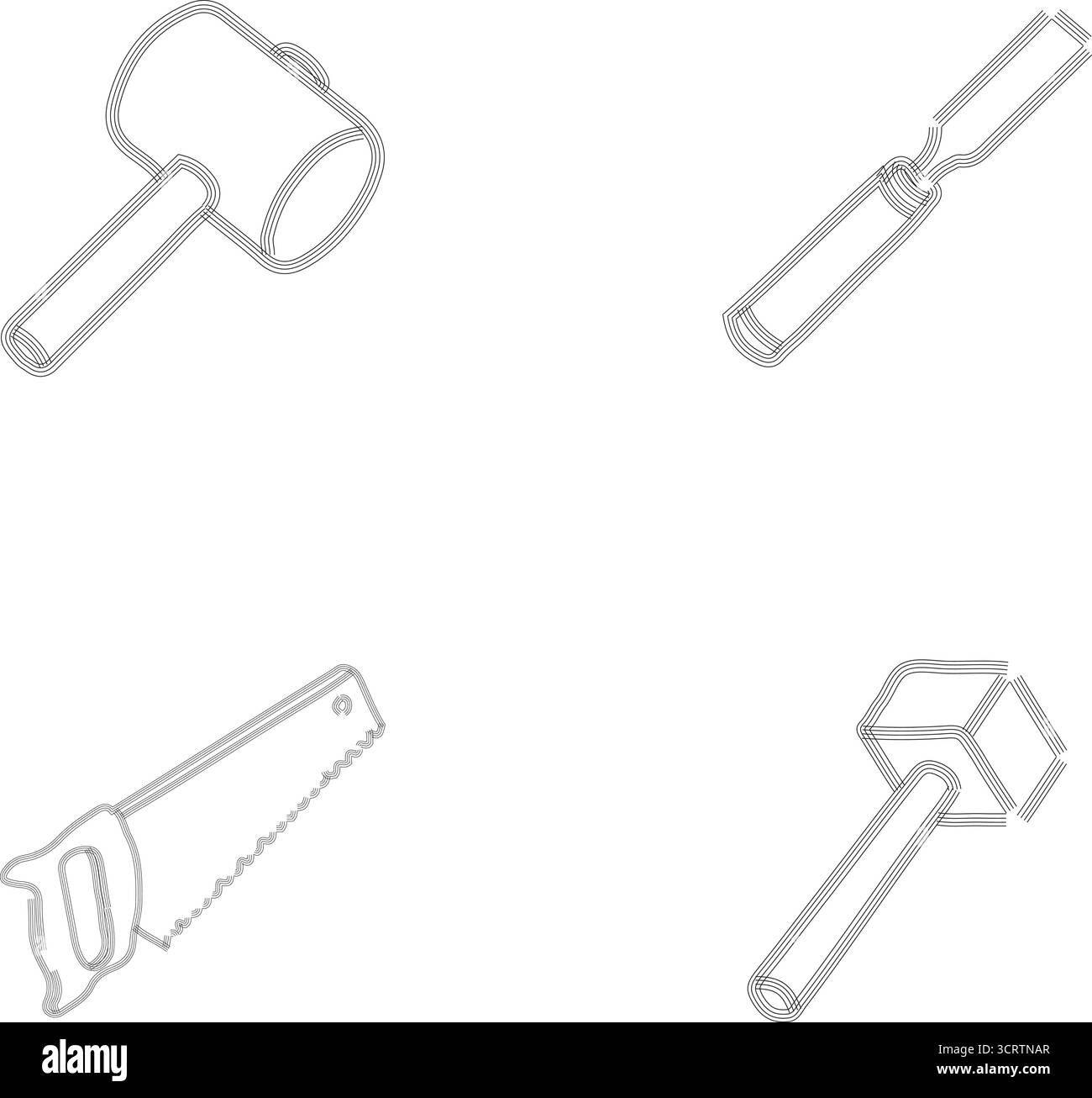 Una selezione compatta di utensili mostrati in linea raffiguranti un martello da carpentiere, uno scalpello affilato, una sega manuale e un martello Illustrazione Vettoriale