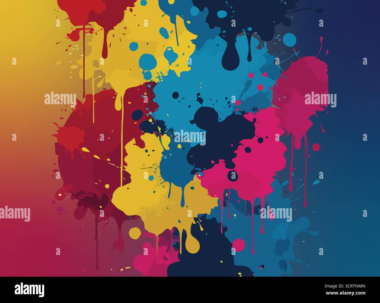 Illustrazione vettoriale spruzzo di vernice colorata, gocce di inchiostro astratto e schizzi di grunge in rosso, blu, giallo, sfondo artistico moderno Illustrazione Vettoriale