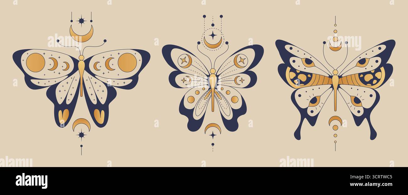 Illustrazioni boho a farfalla con lune e simboli celesti su sfondo crema - falene mistiche con stelle, mezzalune e motivi geometrici. Progetti di natura spirituale per il branding del benessere. Illustrazione Vettoriale