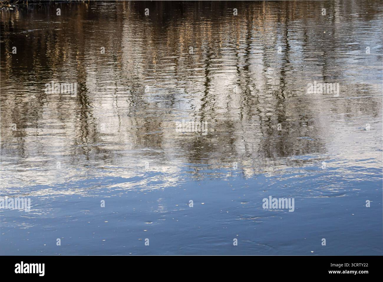 Il fiume calmo riflette gli alberi e le nuvole circostanti sotto un cielo luminoso catturando la tranquillità di una giornata primaverile in un ambiente naturale. Foto Stock