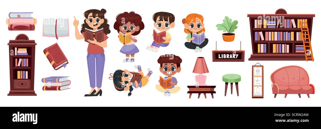Bambini che leggono con Libreria Furniture e Book Elements Pack Illustrazione Vettoriale