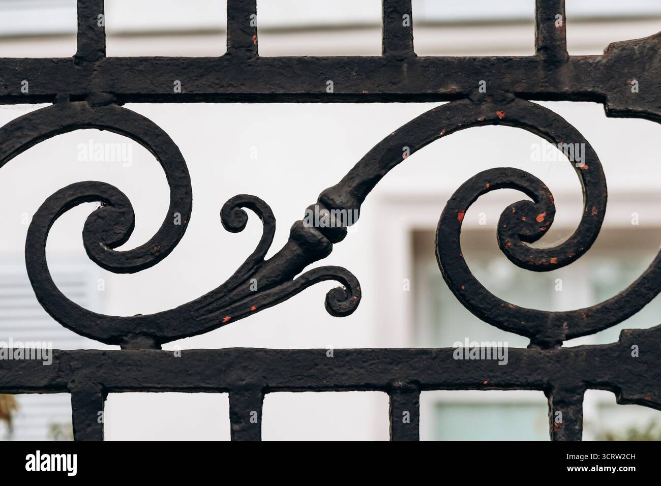 Recinzione ornata in ferro battuto su rue Norvins a Montmartre Foto Stock