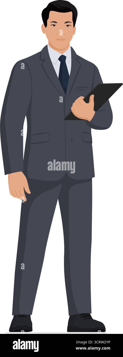 Ritratto di un dirigente d'azienda maschile in piedi e in possesso di un appunti, isolato su sfondo bianco Illustrazione Vettoriale