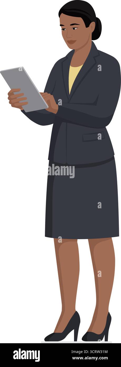 Ritratto di un dirigente aziendale femminile professionista che si trova in piedi e utilizza un tablet digitale, isolato su sfondo bianco Illustrazione Vettoriale