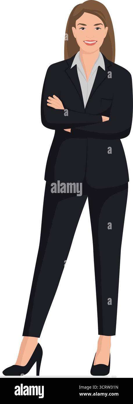 Ritratto di un dirigente d'azienda donna professionista in piedi con le braccia incrociate e sorridenti, isolato su sfondo bianco Illustrazione Vettoriale