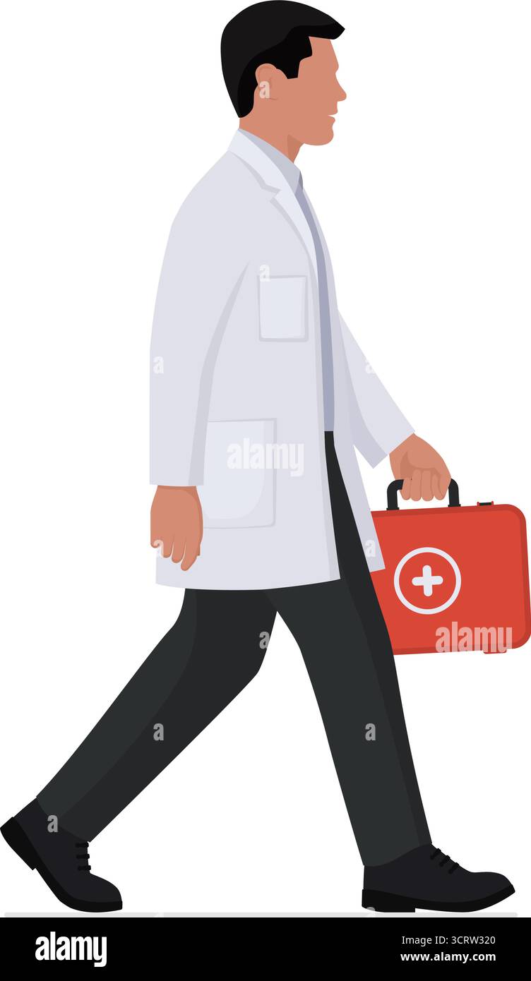 Medico che cammina e tiene in mano un kit di pronto soccorso: Medicina, assistenza sanitaria e concetto di servizio di emergenza, corpo intero isolato Illustrazione Vettoriale