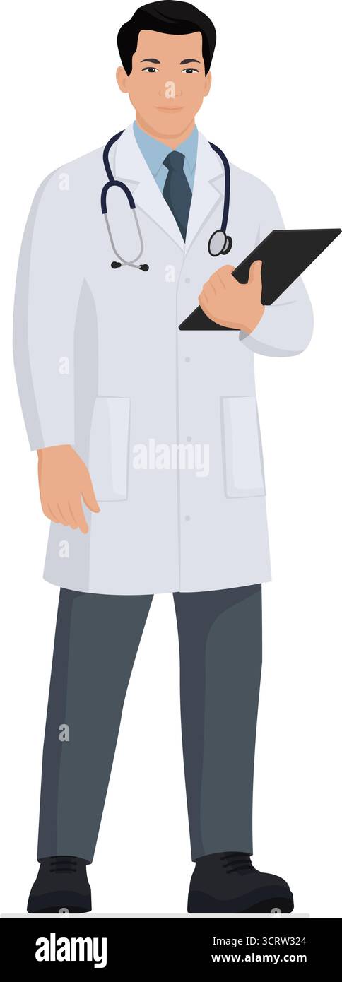 Medico in piedi e in possesso di appunti, medicina e concetto sanitario, corpo intero isolato Illustrazione Vettoriale