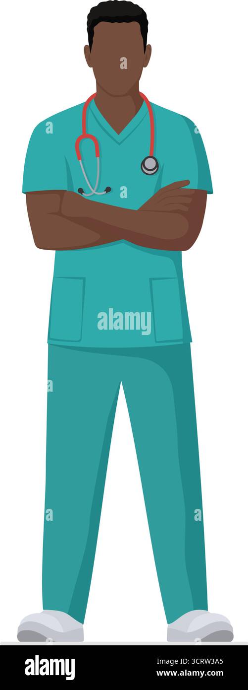 Medico sicuro con stetoscopio in piedi con le braccia incrociate, medicina e concetto sanitario, corpo intero isolato Illustrazione Vettoriale