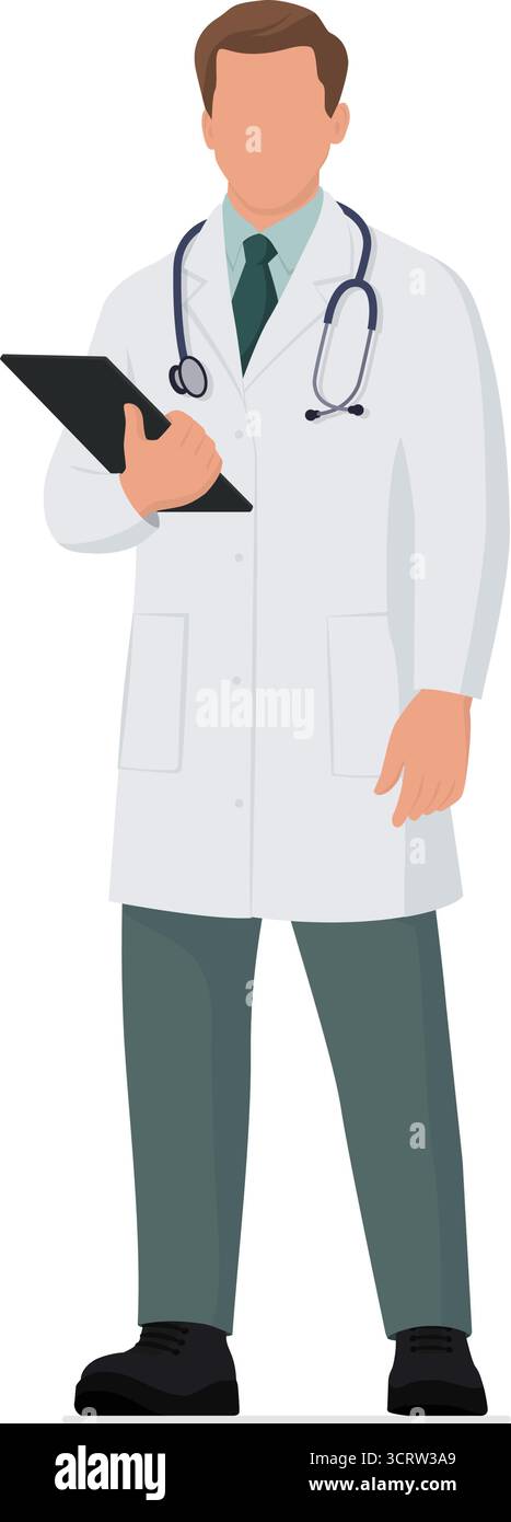 Medico in piedi e in possesso di appunti, medicina e concetto sanitario, corpo intero isolato Illustrazione Vettoriale