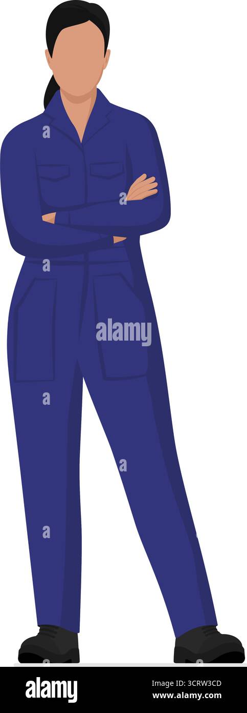 Donna meccanica sicura di sé in piedi con le braccia incrociate, indossa tute, servizio di riparazione auto, completamente isolata Illustrazione Vettoriale