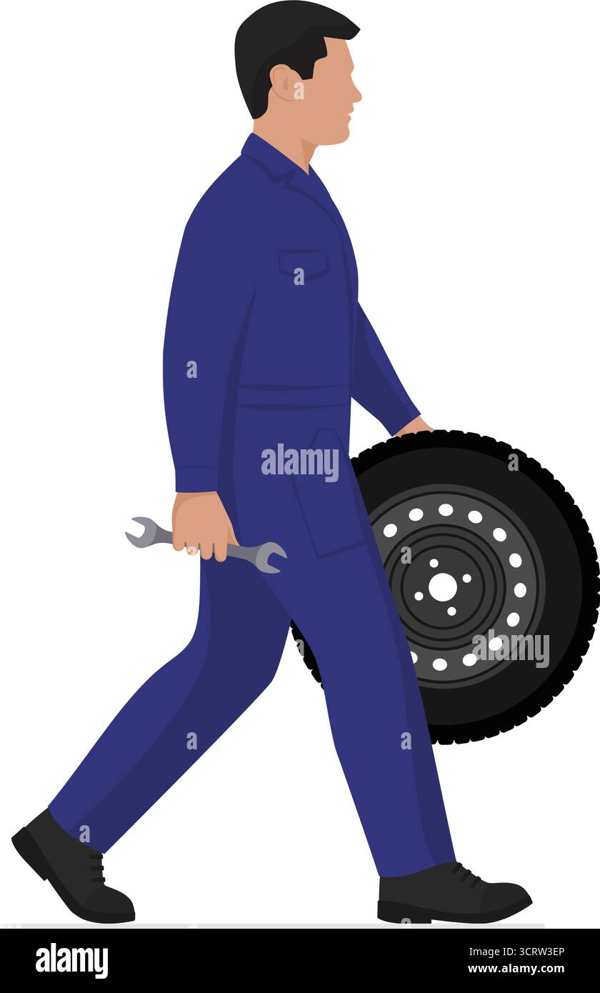 Meccanico che cammina, tiene in mano uno pneumatico e uno strumento, servizio di riparazione auto, corpo intero isolato Illustrazione Vettoriale