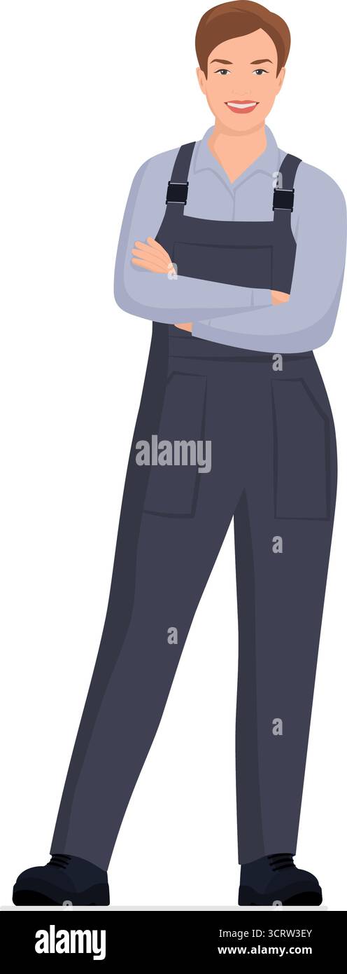 Donna sicura di sé in piedi con le braccia incrociate, indossa tute, completamente isolato Illustrazione Vettoriale