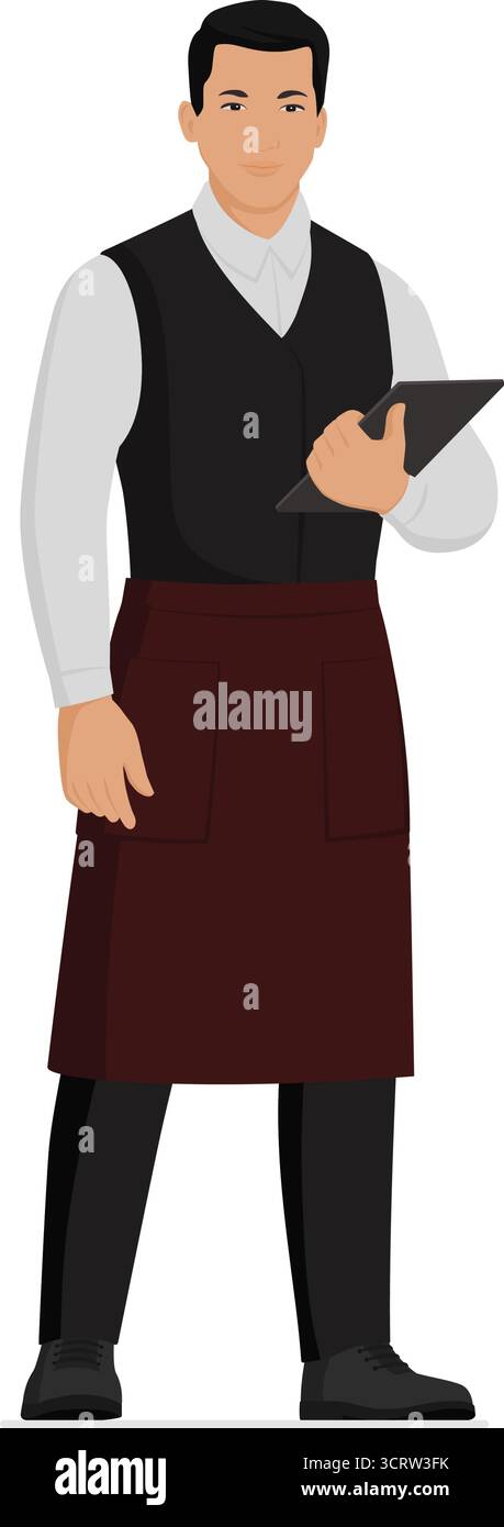 Lavoratore del personale di cucina che posa su sfondo bianco: Cameriere professionista in piedi e in mano un tablet digitale Illustrazione Vettoriale