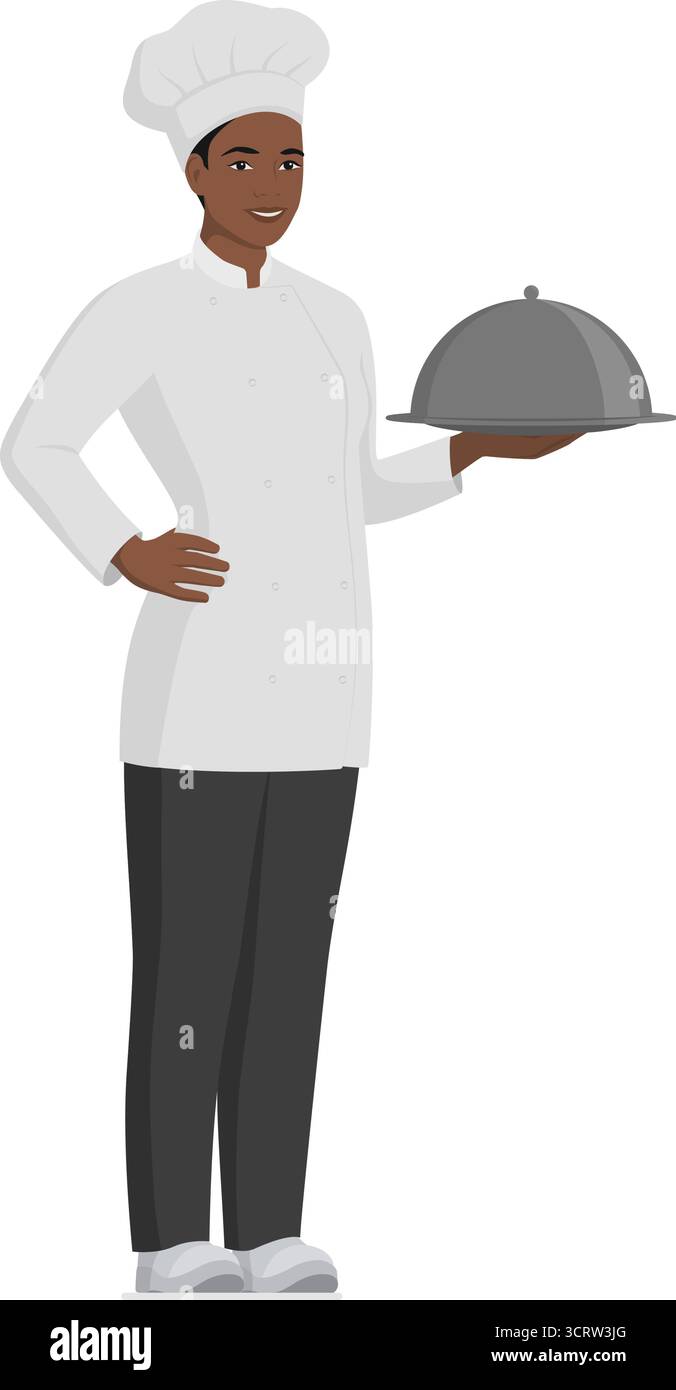 Lavoratrice del personale di cucina che posa su sfondo bianco: Una cuoca sicura di sé che tiene un vassoio con coperchio e in piedi Illustrazione Vettoriale