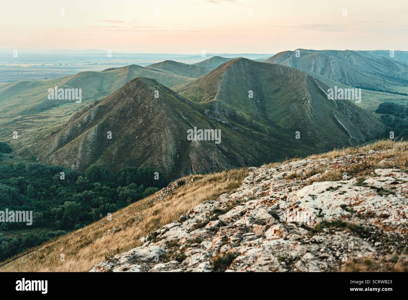 Paesaggio collinare ondulato all'alba o al crepuscolo. Vista panoramica. Foto Stock