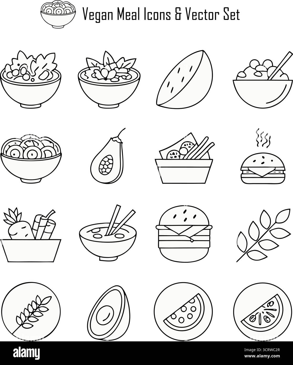 Vegan Meal Icons Vector Set: Alimenti a base vegetale, alimentazione sana e simboli di nutrizione ecologici per lo stile di vita e la progettazione di app Illustrazione Vettoriale