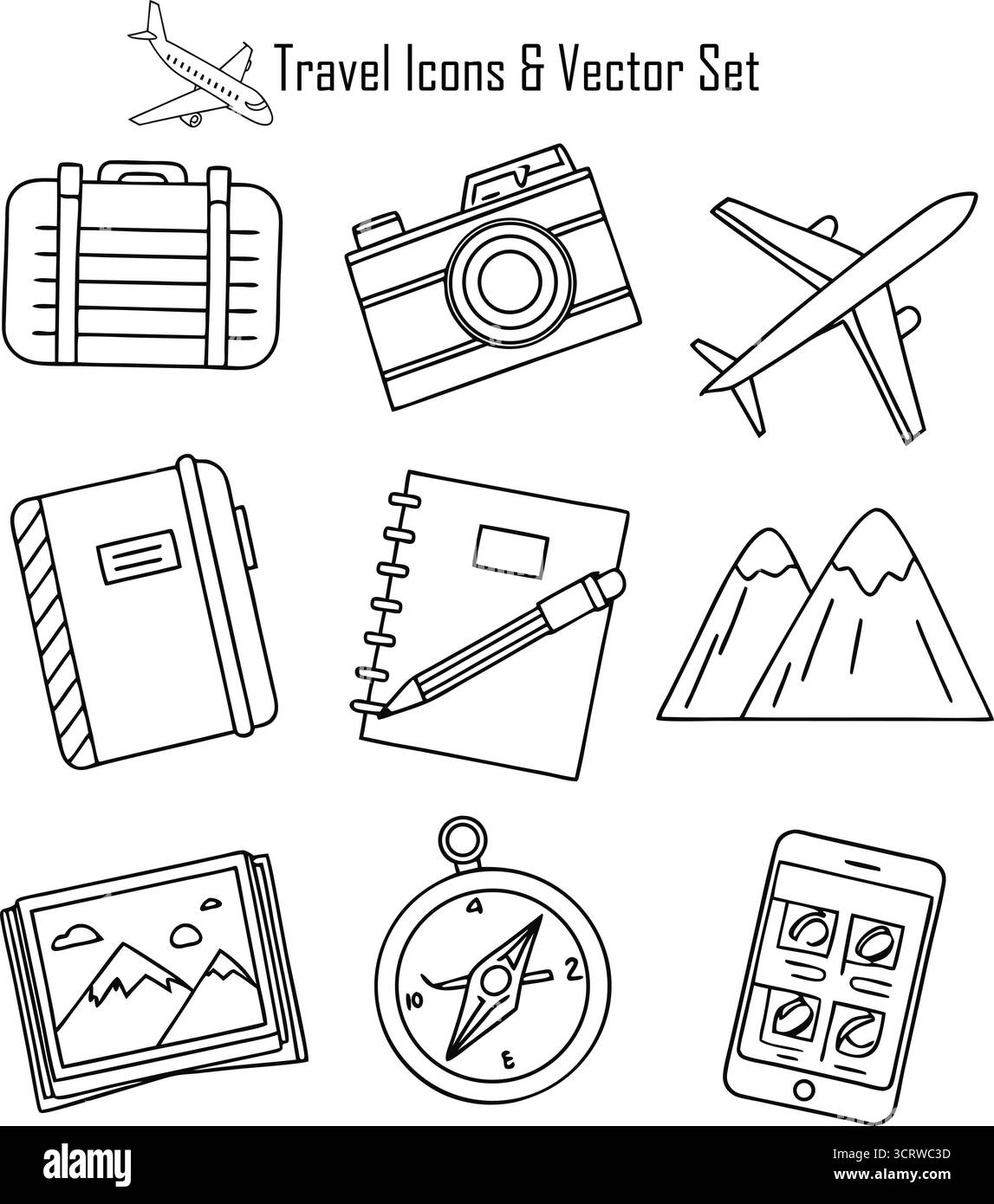 Set vettoriale delle icone di viaggio: Turismo, avventura, trasporto e simboli di vacanza per applicazioni, mappe e design creativo Illustrazione Vettoriale