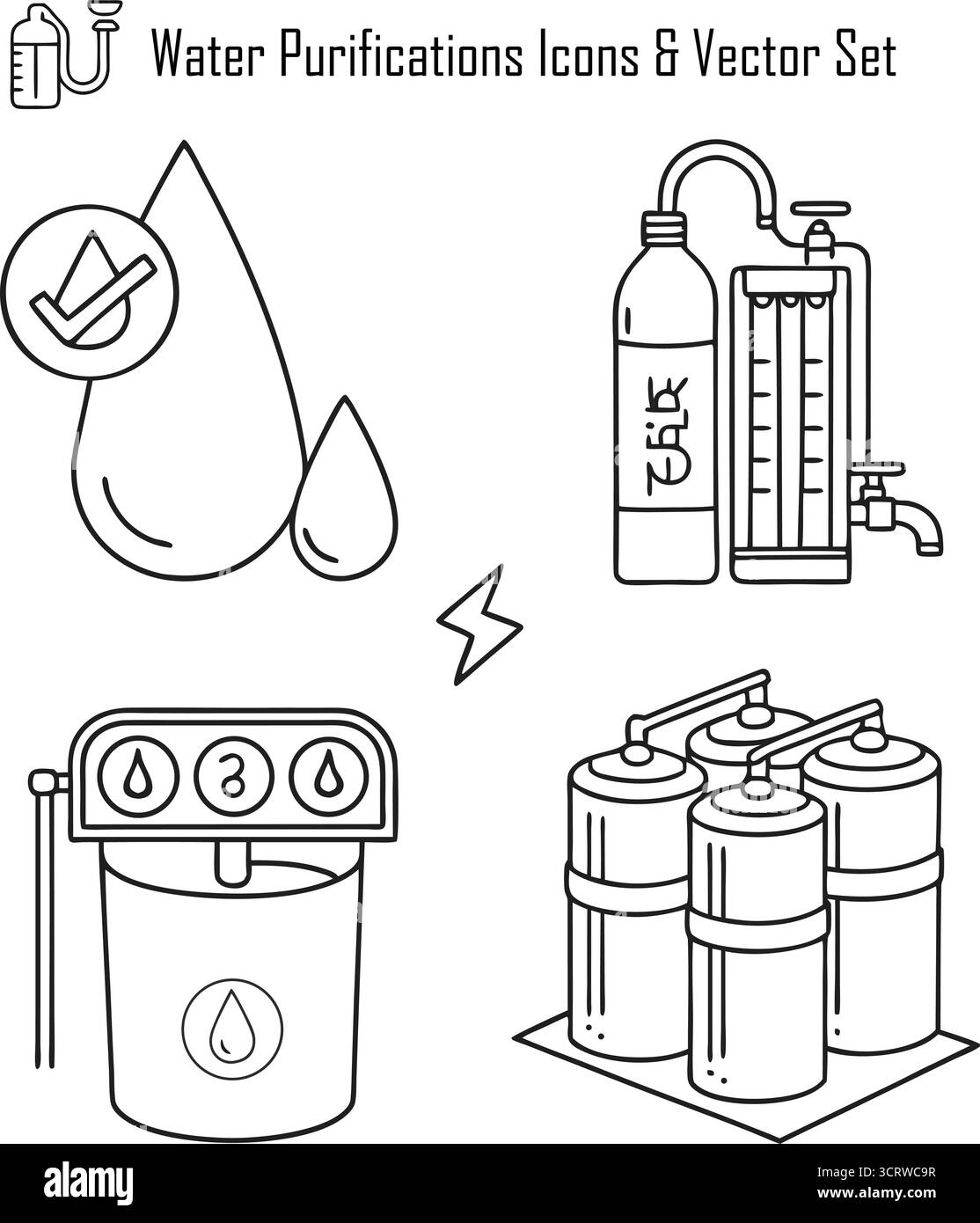 Icone di purificazione dell'acqua Set vettoriale: Acqua pulita, simboli di filtrazione ed ecosanificazione per la progettazione di salute e sostenibilità Illustrazione Vettoriale