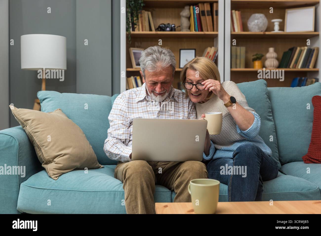 Coppia senior, anziani, vita semplice, seduti a casa sul divano, utilizzando la tecnologia per la prima volta, ordinando e facendo acquisti online su un computer portatile Foto Stock
