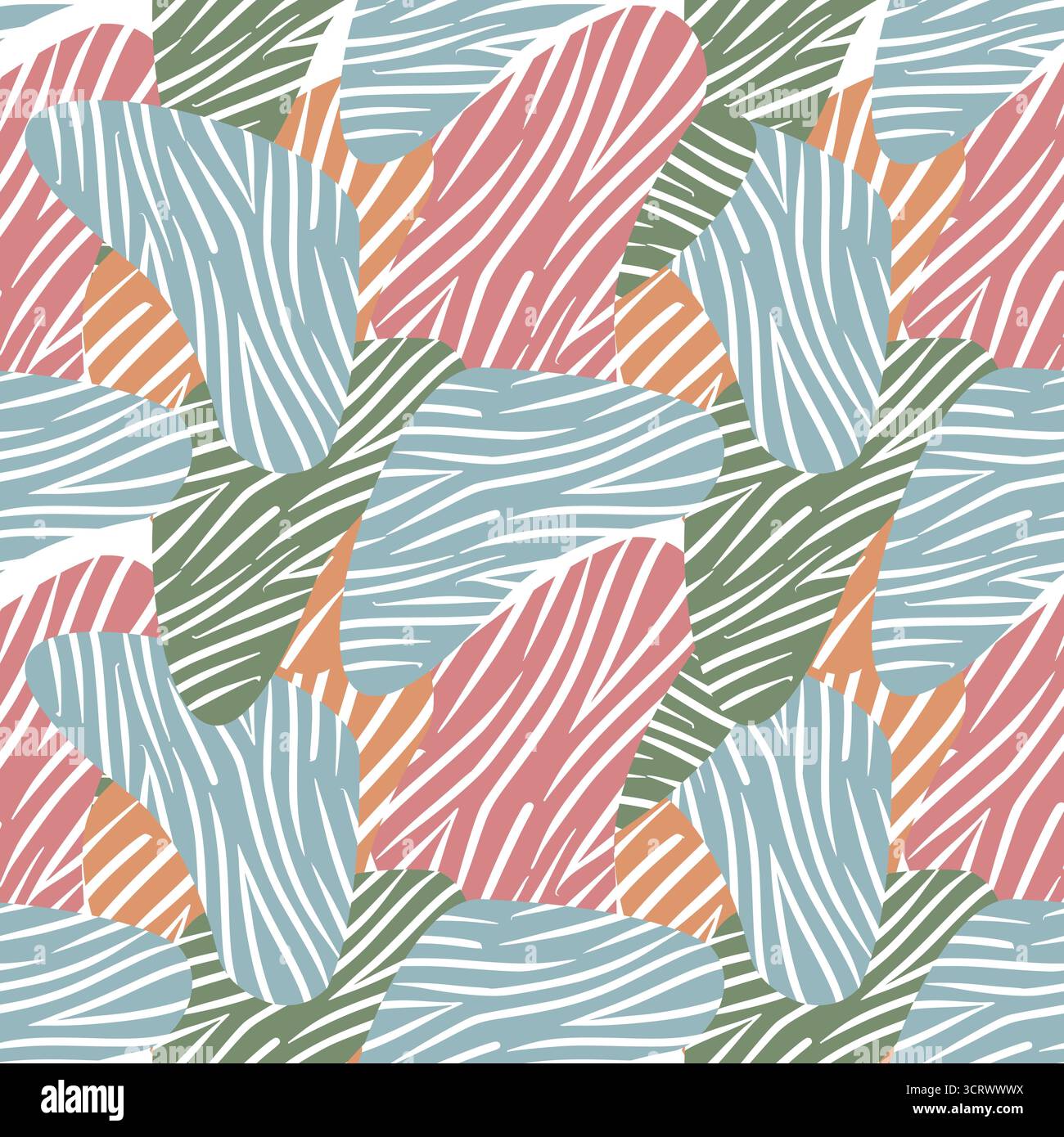 Motivo vettoriale astratto senza cuciture di forme organiche con strisce bianche parallele, con una tavolozza di colori sfumati di rosa polverosa, verde salvia, blu tenue, Illustrazione Vettoriale