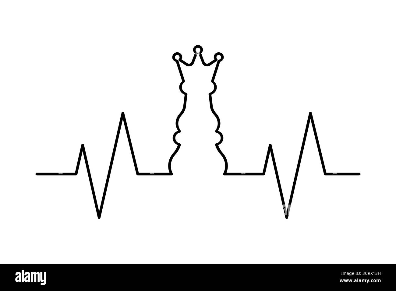 La regina degli scacchi con una linea di impulsi a battito cardiaco. Amore per gli scacchi, passione per i giochi di strategia simbolo. Importanza delle donne nella leadership, nell'empowerment, nella forza. Illustrazione Vettoriale