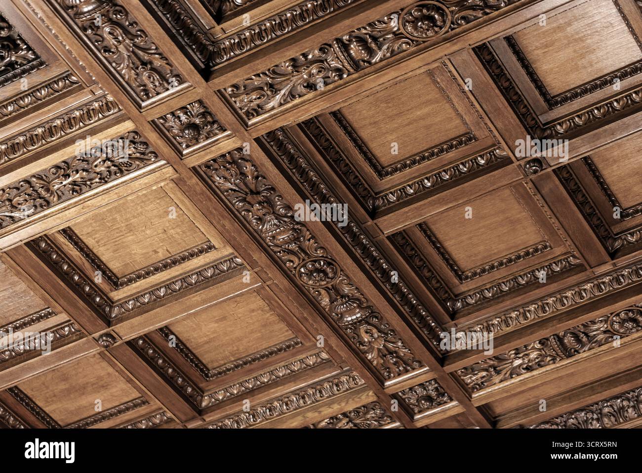 Elegante primo piano di uno storico soffitto in legno con cassoni quadrati, ricchi bordi intagliati e calde tonalità marroni. Questa texture di alta qualità cattura l'artigianato Foto Stock