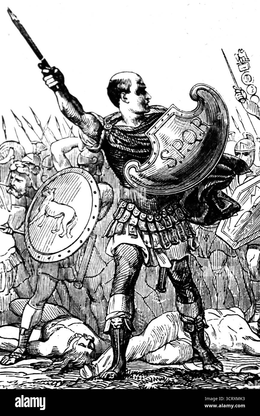 Guerra contro i Nervii. Una tribù belgica che combatté in una coalizione contro Roma durante le Guerre galliche (58–50 a.C.). La vittoria è andata a Giulio Cesare. Giulio Cesare durante la battaglia. Incisione, 1851. Foto Stock