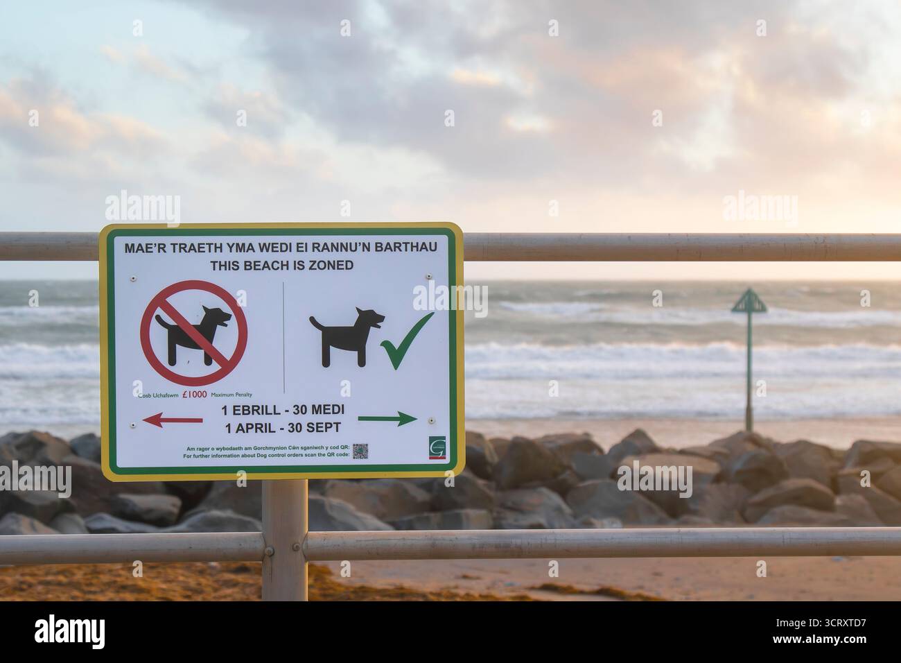 Segno di una zona per camminare con i cani su una spiaggia del Galles in gallese e in inglese. La scena è di una spiaggia, rocce e mare al tramonto. Foto Stock