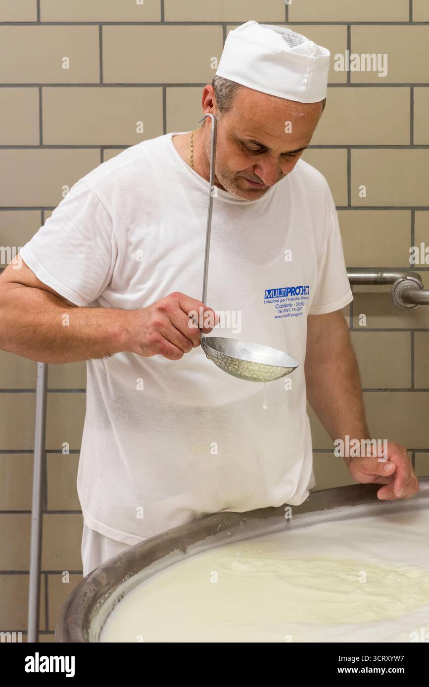 Produzione di ricotta in Sicilia, Italia Foto Stock