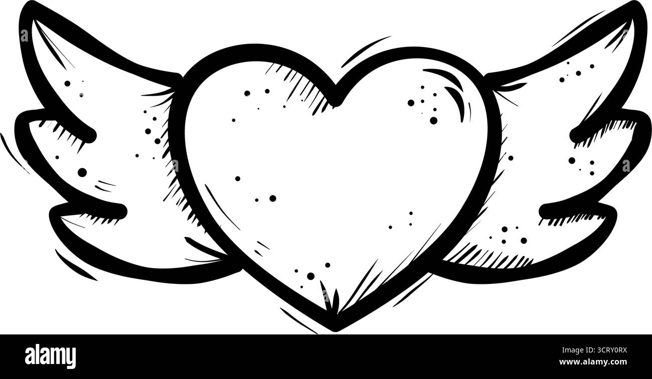 Cuore volante con ali in stile doodle da schizzo - icona vettoriale Illustrazione Vettoriale