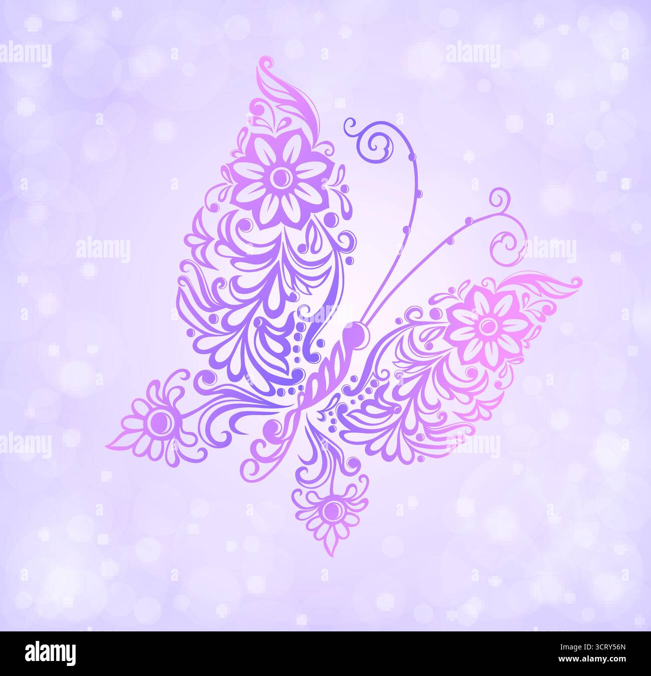 Splendida farfalla viola che vola contro la brillantezza e il bokeh Illustrazione Vettoriale