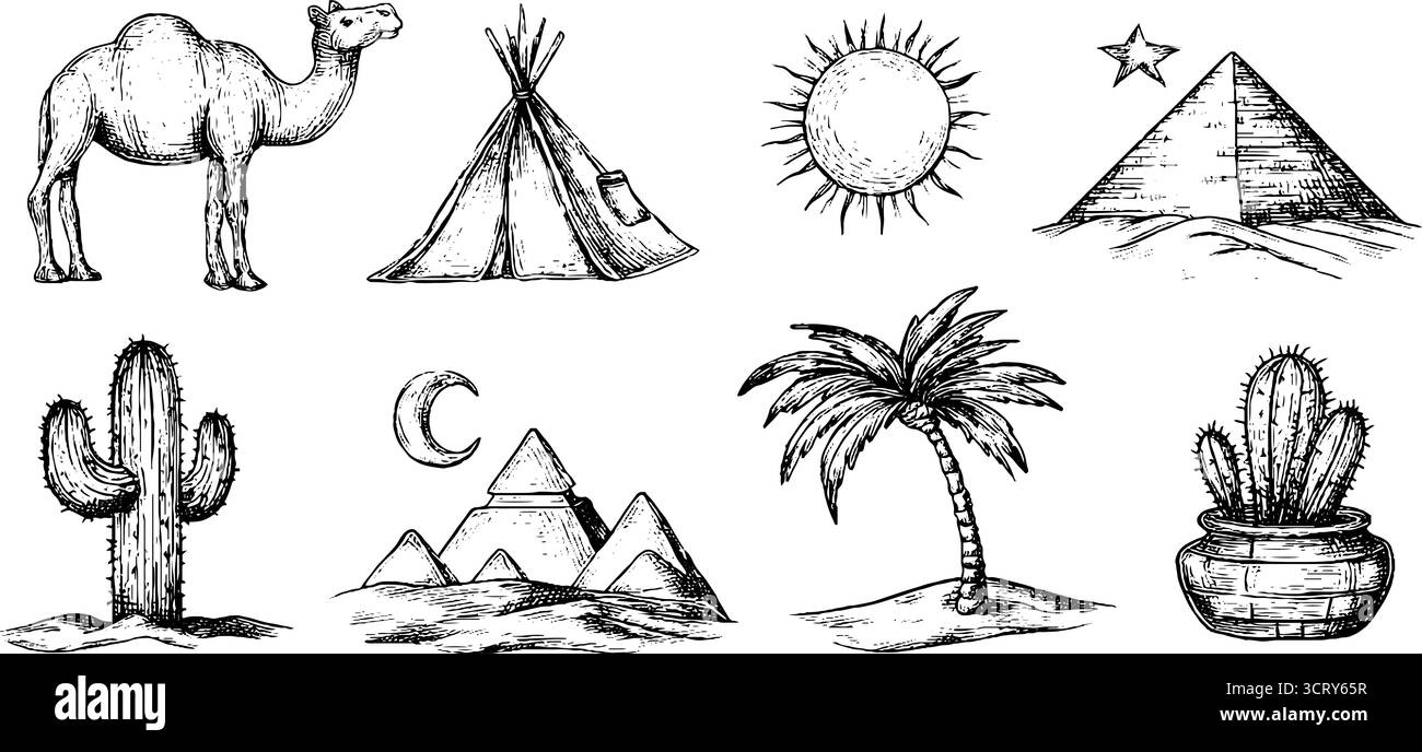 Icone disegnate a mano per i tuoi progetti di design, con tema deserto, cactus, cammello e molto altro ancora. Illustrazione Vettoriale