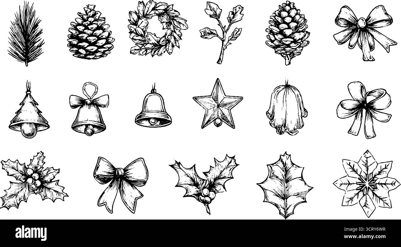 Set di icone di pino e albero di natale disegnato a mano per la decorazione natalizia. Illustrazione Vettoriale