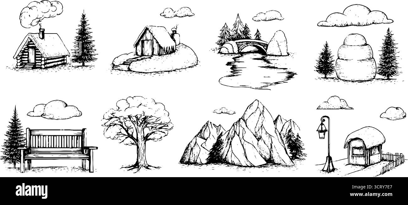 Icone invernali disegnate a mano con paesaggi innevati e case rustiche. Illustrazione Vettoriale Icone invernali disegnate a mano con paesaggi innevati e case rustiche. Illustrazione Vettoriale