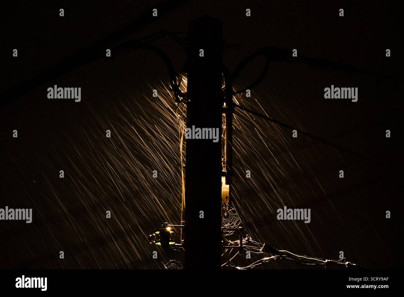 Pioggia intensa che cade nell'illuminazione atmosferica contro un lampione del telegrafo. Foto Stock