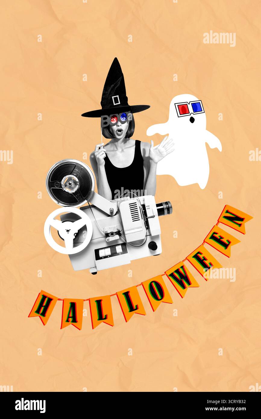 Modello di schizzo di tendenza poster collage fotografico di giovane donna indossa una fotocamera fantasma in vetro 3d cinema halloween festa mistica autunno Foto Stock