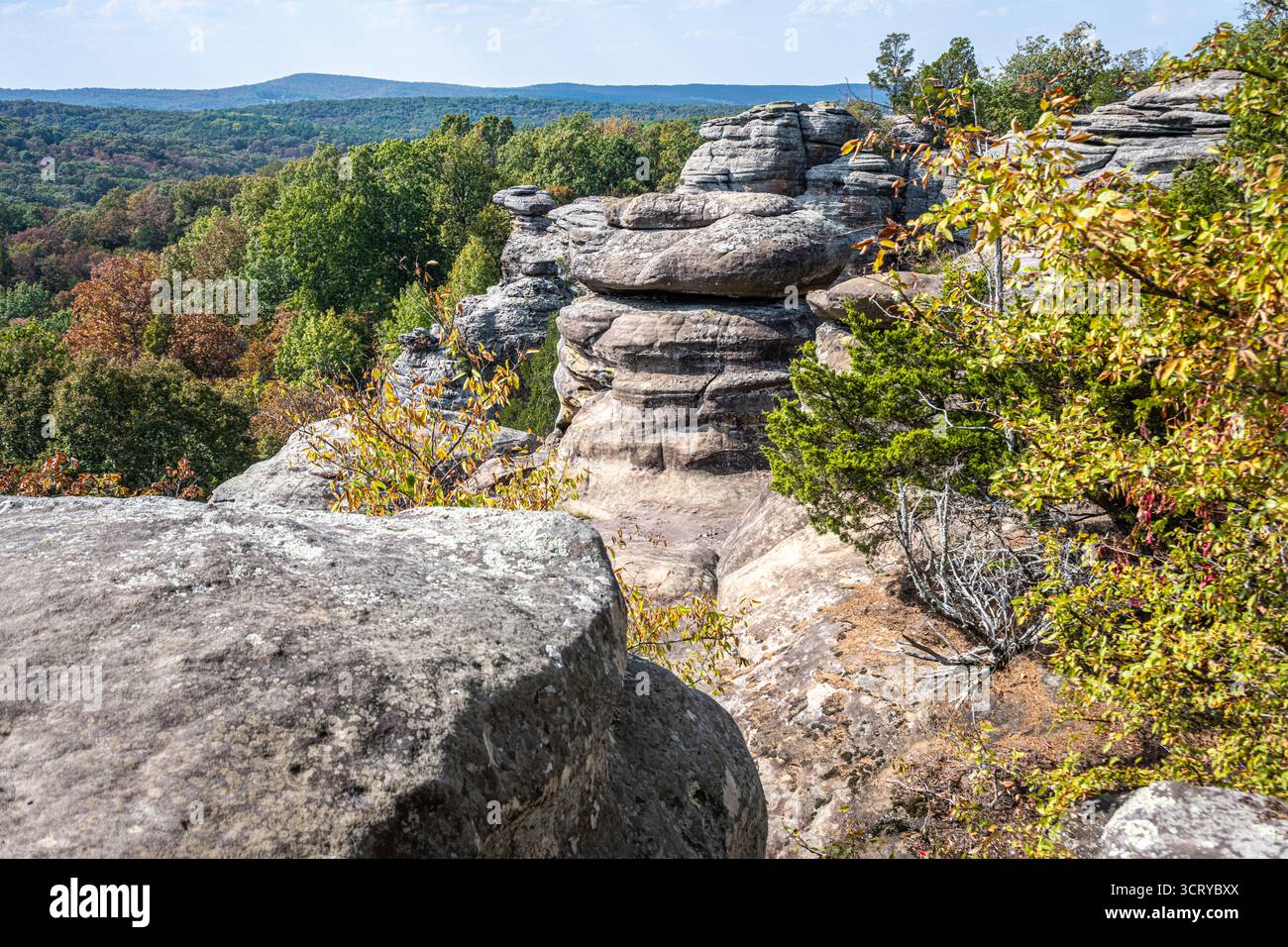 Vista panoramica delle formazioni rocciose (inclusa parte di Camel Rock) lungo l'Observation Trail al Garden of the Gods nell'Illinois meridionale. (USA) Foto Stock