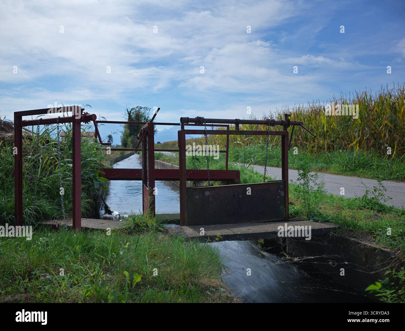 canale di irrigazione con sistema di iniezione nei campi di coltura Foto Stock