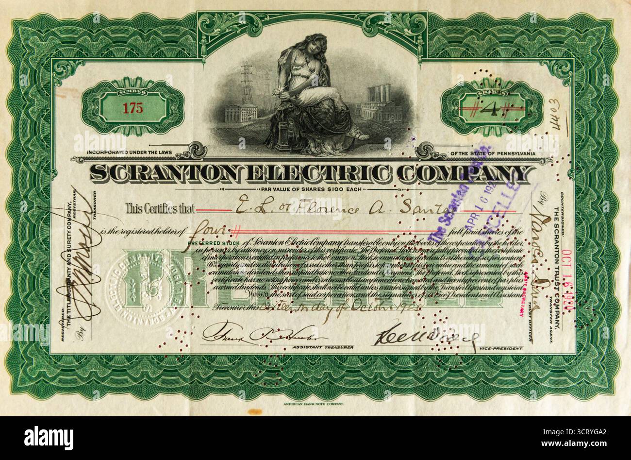 Scranton Electric Company, controfirmata 16 ottobre 1920, Pennsyvania, USA, storica compagnia americana Foto Stock