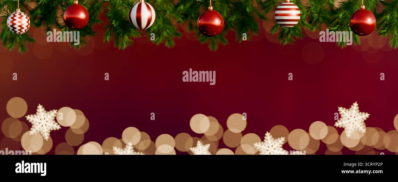 garland di pino natalizio adornato con baubles rosse e bianche e ornamenti con fiocchi di neve su sfondo rosso. rendering 3d. Foto Stock