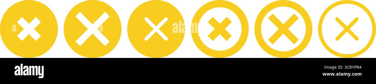 Set di icone vettoriali con croce gialla (segno x) con stili di riempimento e contorno con spessori variabili e spessore di linea per avvisi ed errori dei pulsanti. Illustrazione Vettoriale