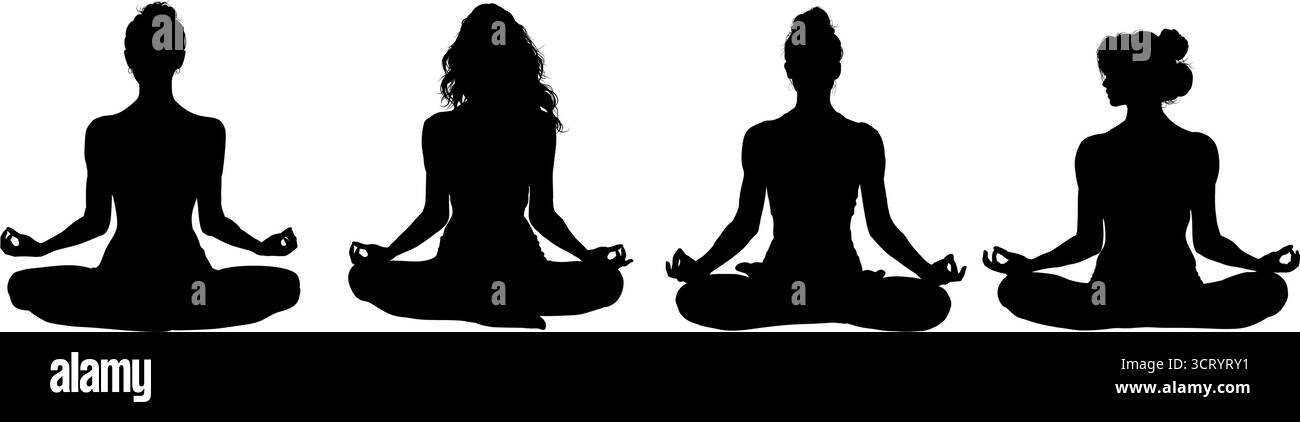 Quattro donne sagomano meditando in posa di loto Illustrazione Vettoriale